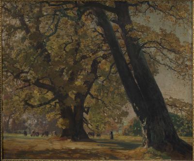 une image représentant un tableau montrant deux grands arbres dans un parc