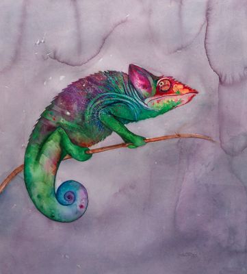 a painting of a chamelon sitting on a branch