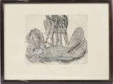 drawing of two dogs standing on a rock in a frame