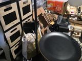 a black frying pan sitting on top of a table