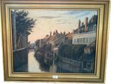 painting of a river scene with buildings and a bridge