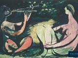 a painting of two women playing instruments in a park