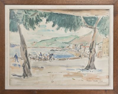 an image of a watercolor painting of a view of a beach