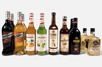 de nombreuses bouteilles d'alcool alignées sur une surface blanche