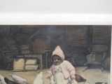 a painting of a little girl feeding ducks in a barn