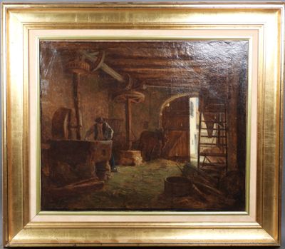 une peinture à l'huile représentant un homme dans un atelier en compagnie d'un chien