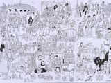 un dessin représentant un grand groupe de personnes dans une rue