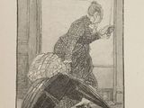 a black and white drawing of a woman pulling a suitcase