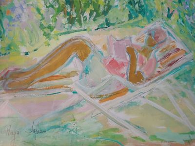 un tableau représentant une femme allongée dans une chaise longue