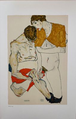 une image représentant un tableau où l'on voit deux personnes s'étreindre