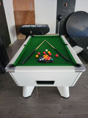 a pool table with balls on it in a room