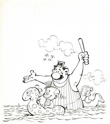 cartoon drawing of a man in a pool with a paddle and a dog