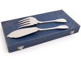 two forks and a knife in a blue case on a white background