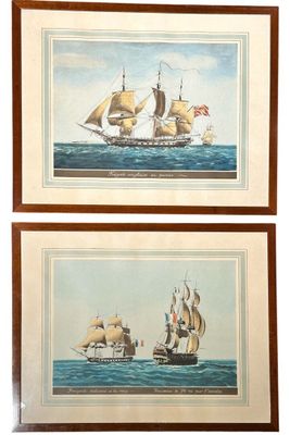 two framed pictures of two ships in the ocean with a flag