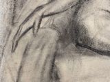 drawing of a woman sitting on a bench with her hands on her knees