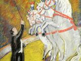 a painting of a man standing in front of a group of horses