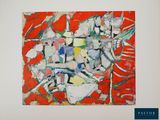 peinture abstraite représentant un fond rouge avec des lignes blanches et bleues