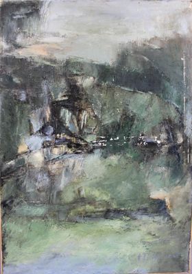 une peinture à l'huile représentant un paysage avec une rivière et un pont