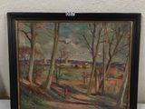 peinture d'un paysage avec des arbres et une maison au loin