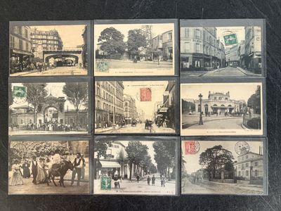 several black and white photographs of a city street with horses and carriages