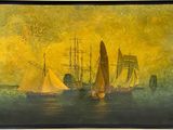 painting of sailboats in a harbor with a yellow sky in the background