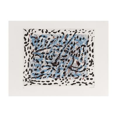 une image représentant une peinture abstraite bleue et noire sur fond blanc