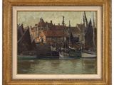 an image of a painting of boats in a harbor with buildings in the background