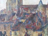 painting of a view of a city with a clock tower in the background