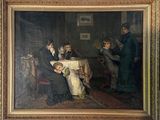 peinture d'un groupe de personnes assises autour d'une table dans une pièce