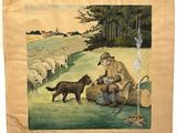 un tableau représentant un homme et un chien dans un champ avec des moutons