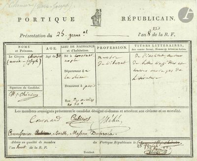 Marie-Joseph CHÉNIER (1764-1811). P.S., 25 germinal VIII (15…