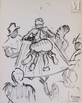 dessin représentant une femme en robe, armée d'une épée, entourée d'autres personnes