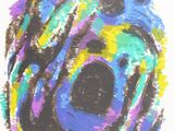 painting of a blue, purple, and yellow swirl on a white background