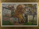 an oil painting of a farm scene in a gold frame