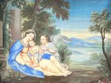 un tableau représentant une femme et deux enfants assis sur une couverture