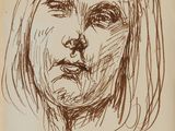 un dessin à l'encre représentant le visage d'une femme sur une feuille de papier