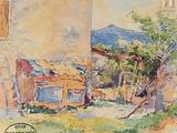 une aquarelle représentant une maison à la campagne