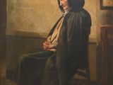un vieux tableau représentant une femme assise sur une chaise dans une pièce