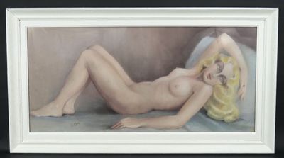 J. DROY (?): "Nu allongé", pastel signé en bas à gauche.