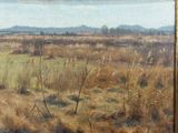 an oil painting of a field with grass and bushes in the foreground