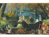 a painting of people and animals in a park