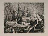 drawing of a group of people sitting around a table playing instruments