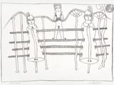 dessin représentant un groupe de personnes debout autour d'une clôture en bois