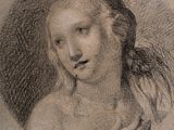 an old drawing of a woman with long hair in a white dress