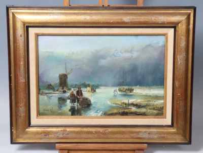an oil painting of a boat on a river with a windmill in the background
