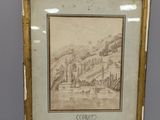 un vieux dessin représentant un château sur une colline, avec une rivière au premier plan