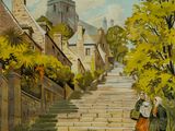 tableau représentant un couple marchant dans une rue, avec une église en arrière-plan