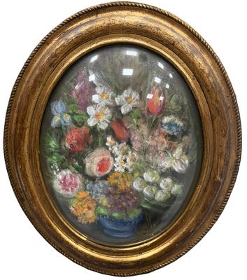painting of a vase of flowers in a gold frame on a white background