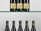 six bottles of wine sit on a glass shelf in front of a white background
