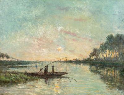une image représentant un tableau où l'on voit deux personnes dans un bateau sur une rivière